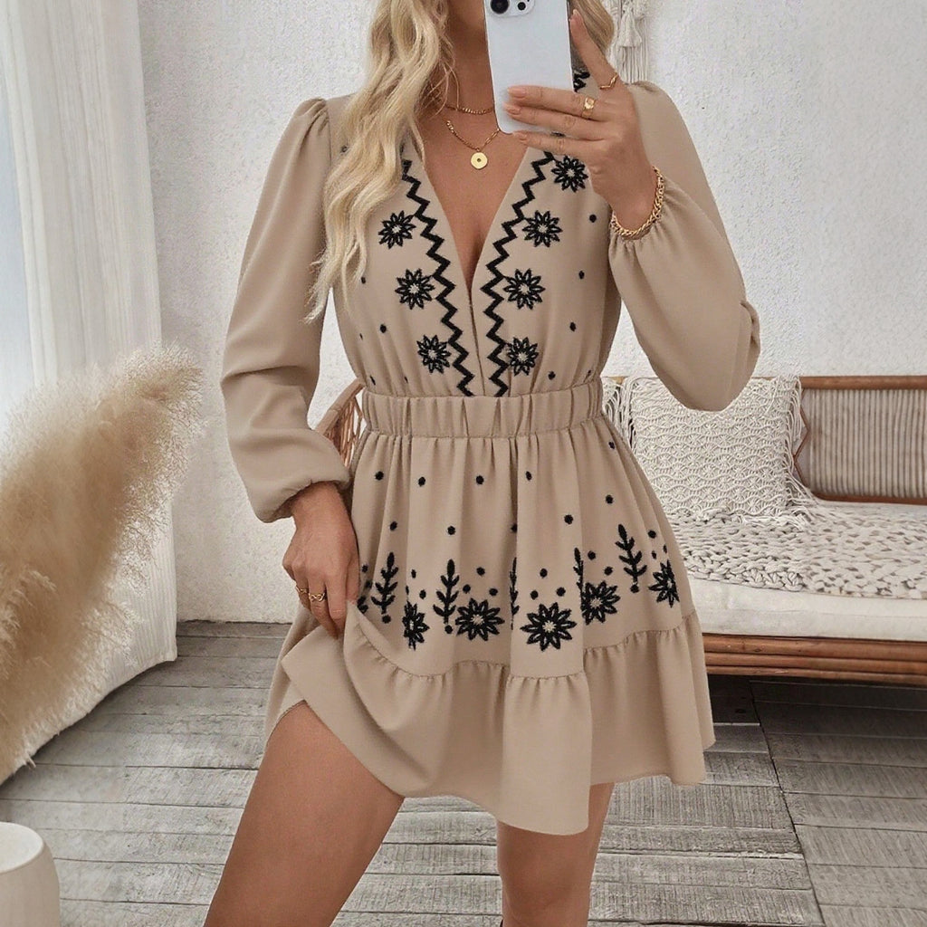 Vestido bordado de mangas compridas com decote em V profundo, estilo europeu e americano