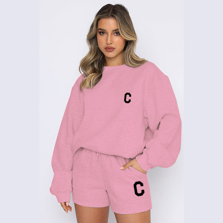 Conjunto casual de polar com estampado de letras, novo e moderno para o outono e inverno.