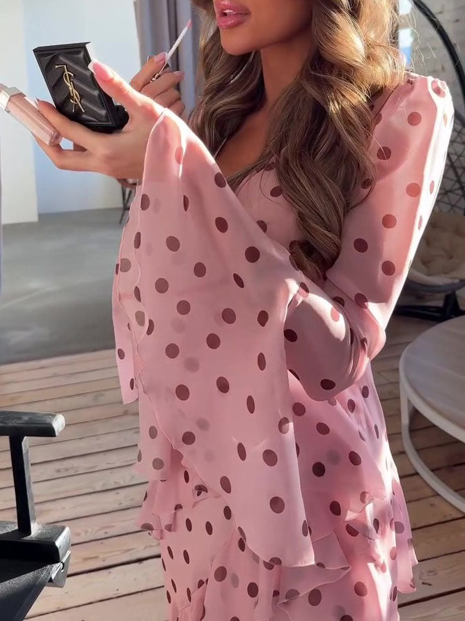 Elegant Polka Dot Bell Sleeve Ruffle Dress