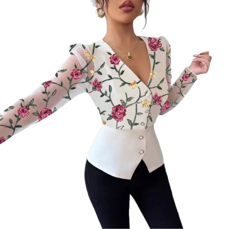 Blusa feminina vintage elegante com renda e cintura marcada