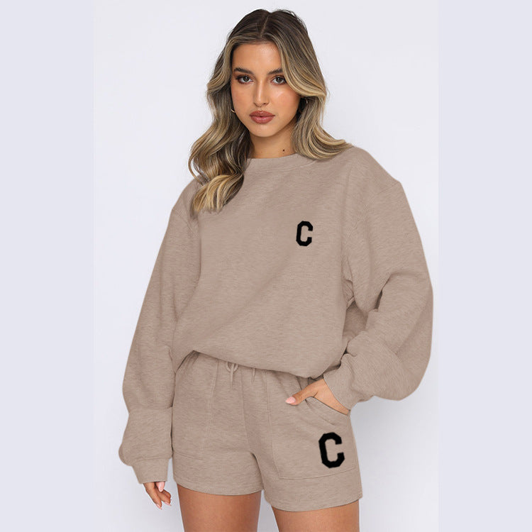 Conjunto casual de polar com estampado de letras, novo e moderno para o outono e inverno.