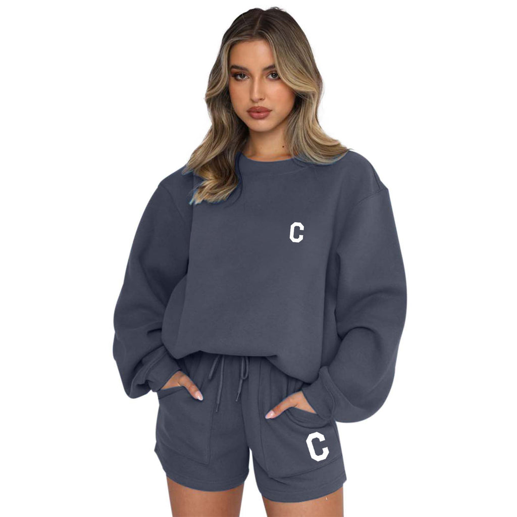 Conjunto casual de polar com estampado de letras, novo e moderno para o outono e inverno.