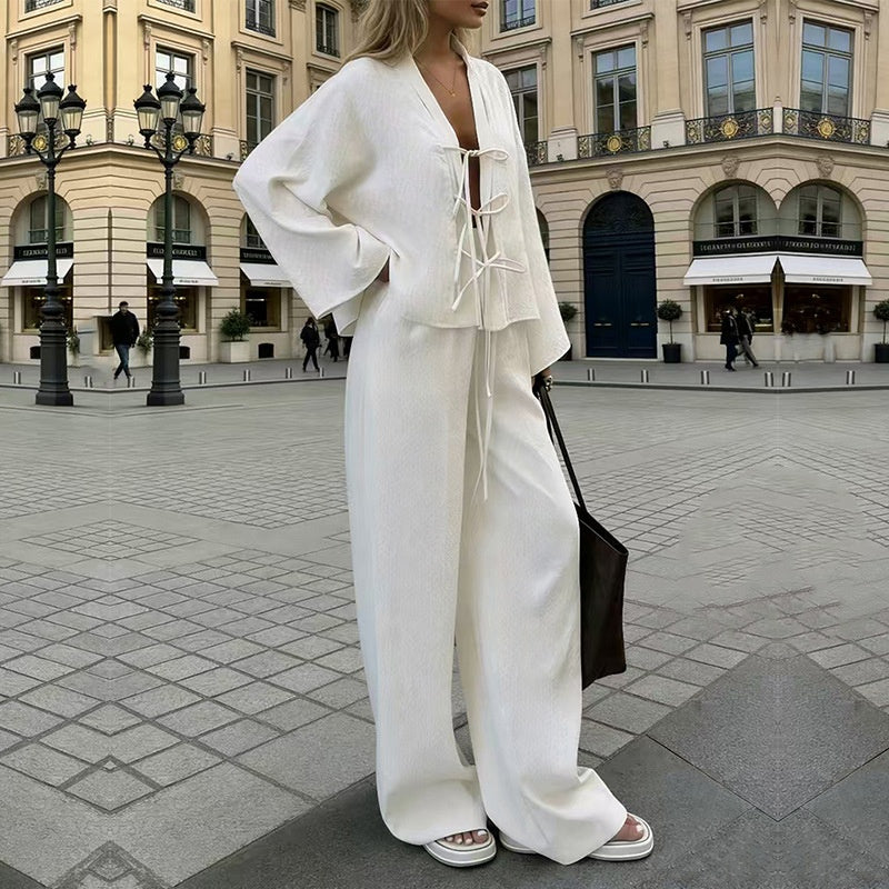 Conjunto casual de camisa e calça com cadarço de alta qualidade