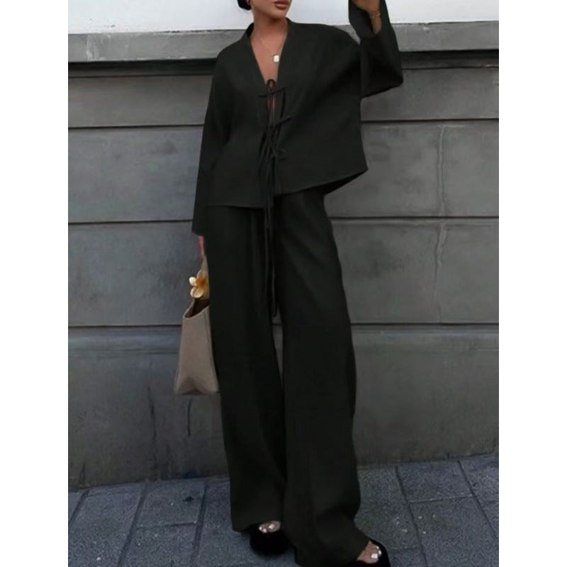 Conjunto casual de camisa e calça com cadarço de alta qualidade