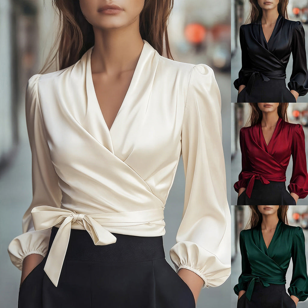 Camisa feminina elegante de cetim com decote em V e cor sólida