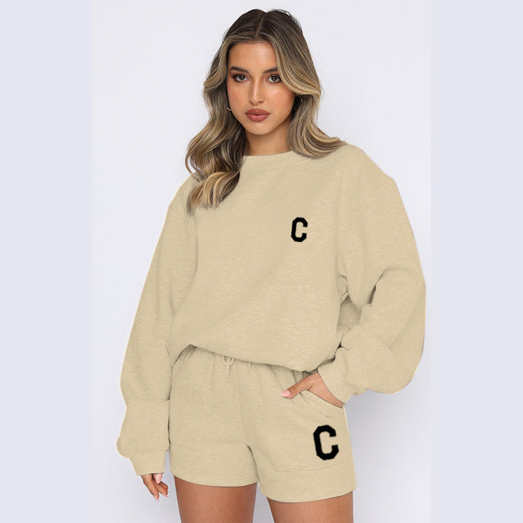 Conjunto casual de polar com estampado de letras, novo e moderno para o outono e inverno.