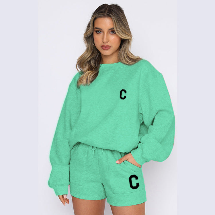 Conjunto casual de polar com estampado de letras, novo e moderno para o outono e inverno.