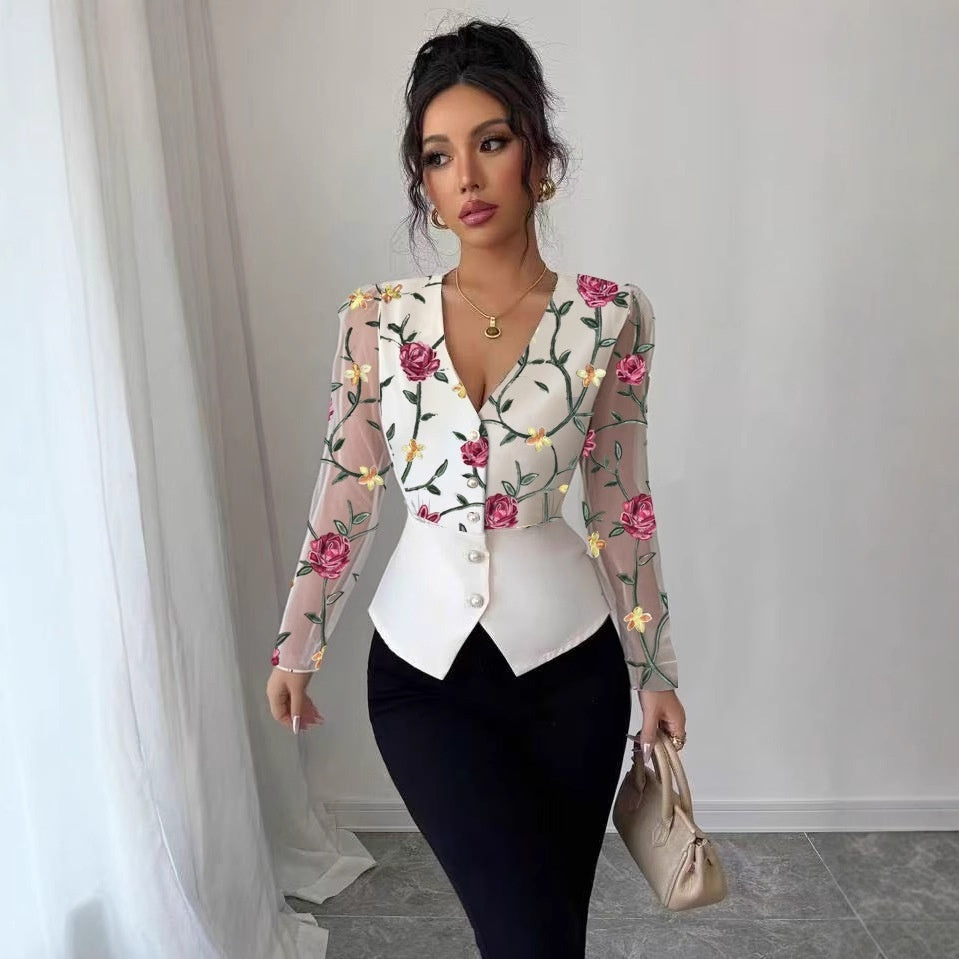 Blusa feminina vintage elegante com renda e cintura marcada