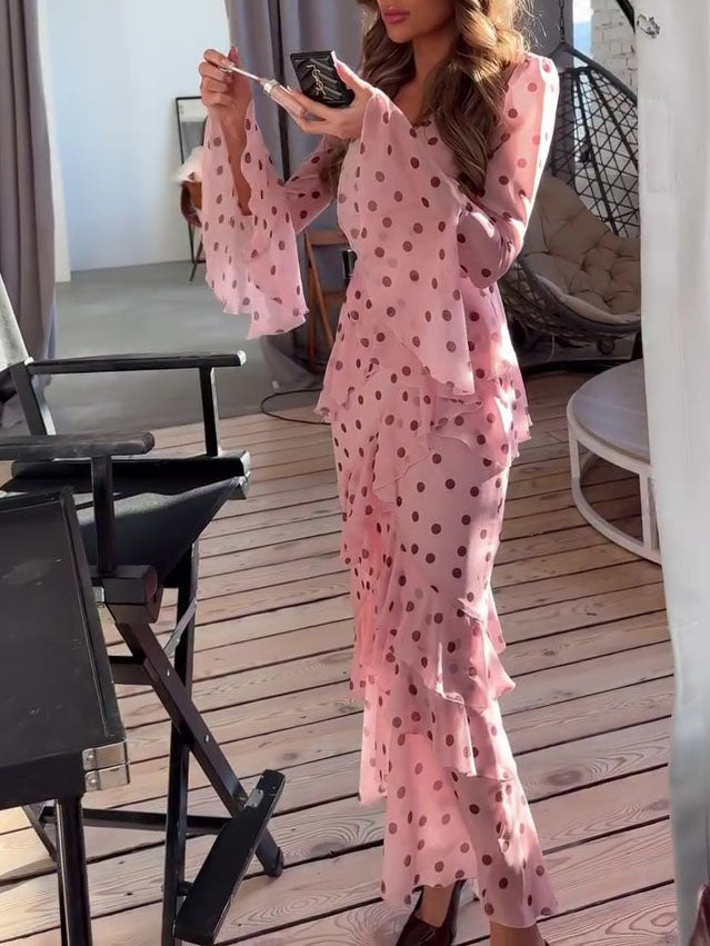 Elegant Polka Dot Bell Sleeve Ruffle Dress